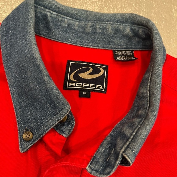 [XL]Vintage Roper Mens Red 100% Cotton L/S Solid Long Tail Western Shirt - Picture 8 of 9